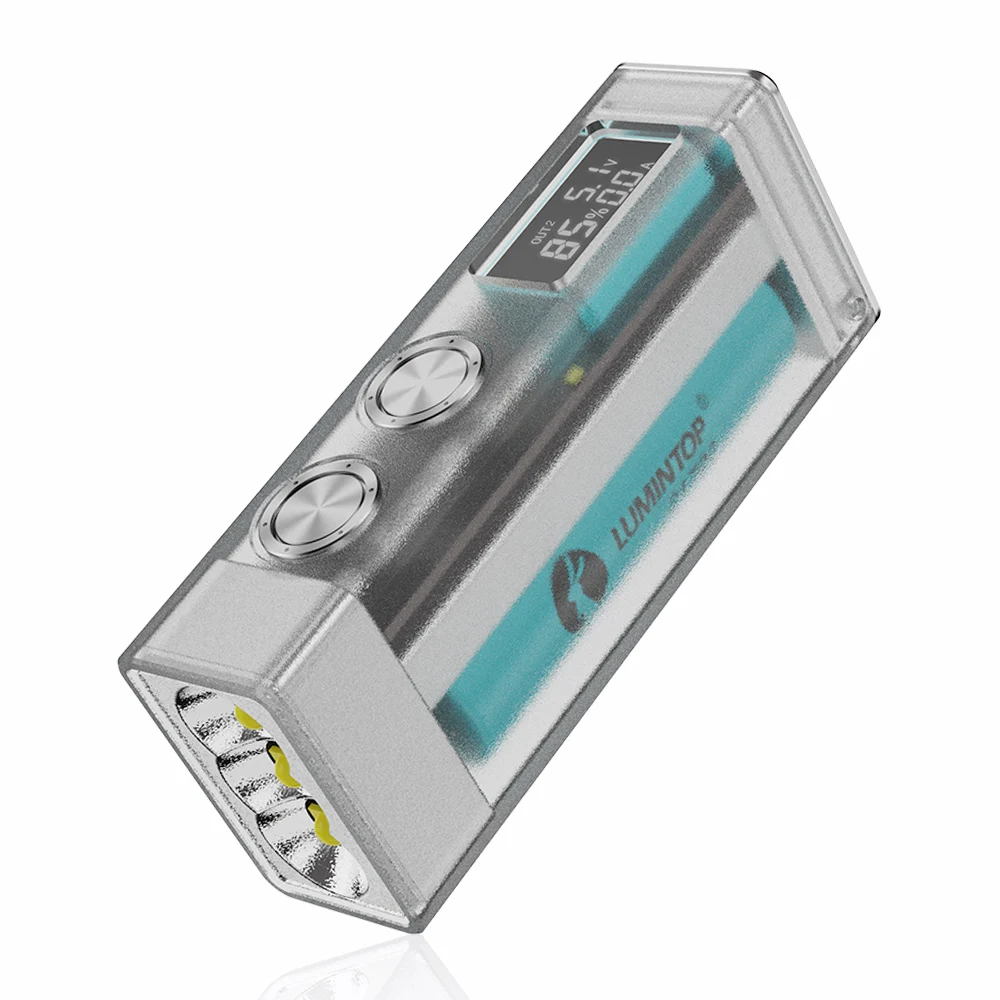 USB C 충전식 EDC LED 손전등 방출 야외 조명, 고출력 LCD 디스플레이 토치 보조배터리, 문 박스 투명