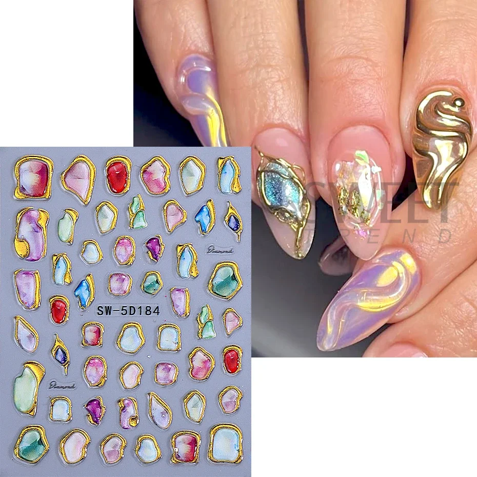 5D Gemstone Charm Nail Sticker Gold Irregular Frame Rhinestones Adhesive Slider Nail Supplies Decals Bohemian Manicure  Decor