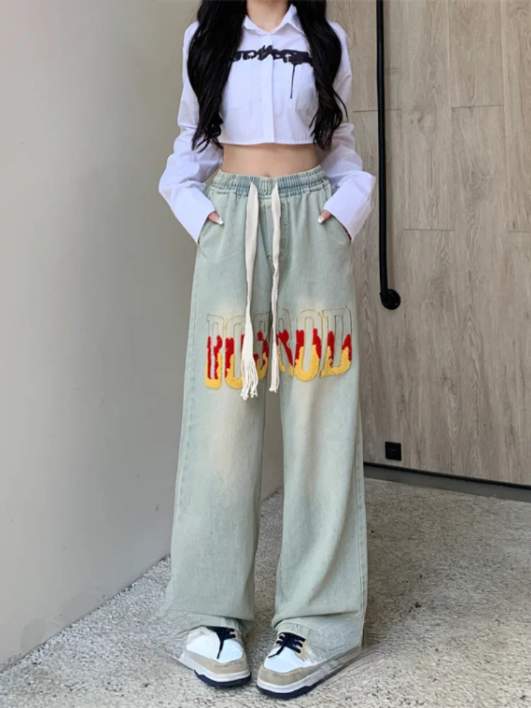 

Y2k Vintage High Waist Pants Women Jeans Letter Drawstring Wide Leg Casual Streetwear Trousers 2023 Korean All Match Denim Pants