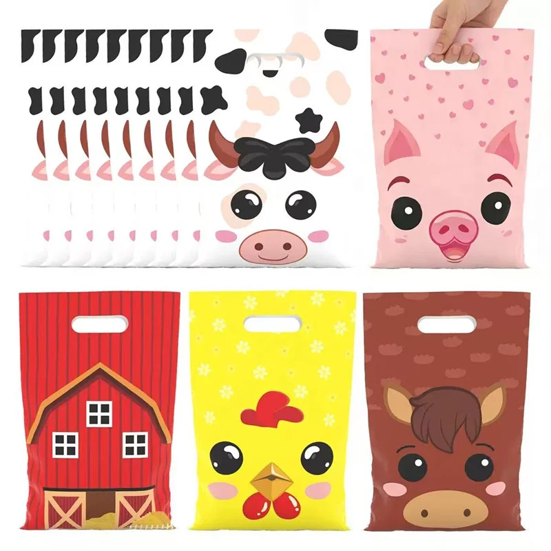20/50 pz animali da fattoria festa sacchetto regalo di plastica forniture bambini festa di compleanno mucca pulcino animali da cortile Snack sacchetto di caramelle decorazione - immagine 3