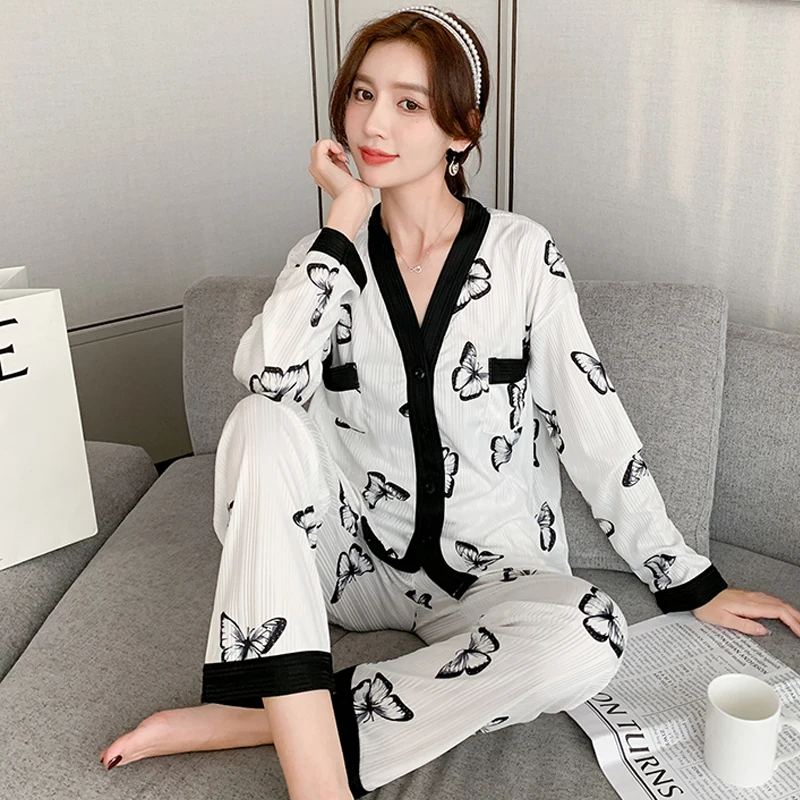

Fashion Spring Autumn Princess Sweet Style Pajamas Sets for Women Cotton White Bow Soft Sleepwear Suit Home Loose Nightwear Set