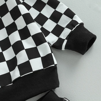 0-5Years Toddler Girls Boys 2Pcs Fall Clothing Outfit Plaid Long Sleeve Crew Neck Hoodie Sweatpants Set 6