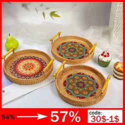 Handwoven Rattan Tray Bread Woven Storage Baskets Fruit Cake Snacks Round Picnic Basket Dinner Serving Trays Kitchen Supplies