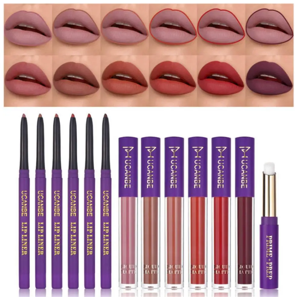 UCANBE Lady's Night Lip Makeup Sets 6pcs Matte Liquid Lipstick + 6pcs Lip Liners Pencil +1PC Primer Waterproof Lip Gloss Kit