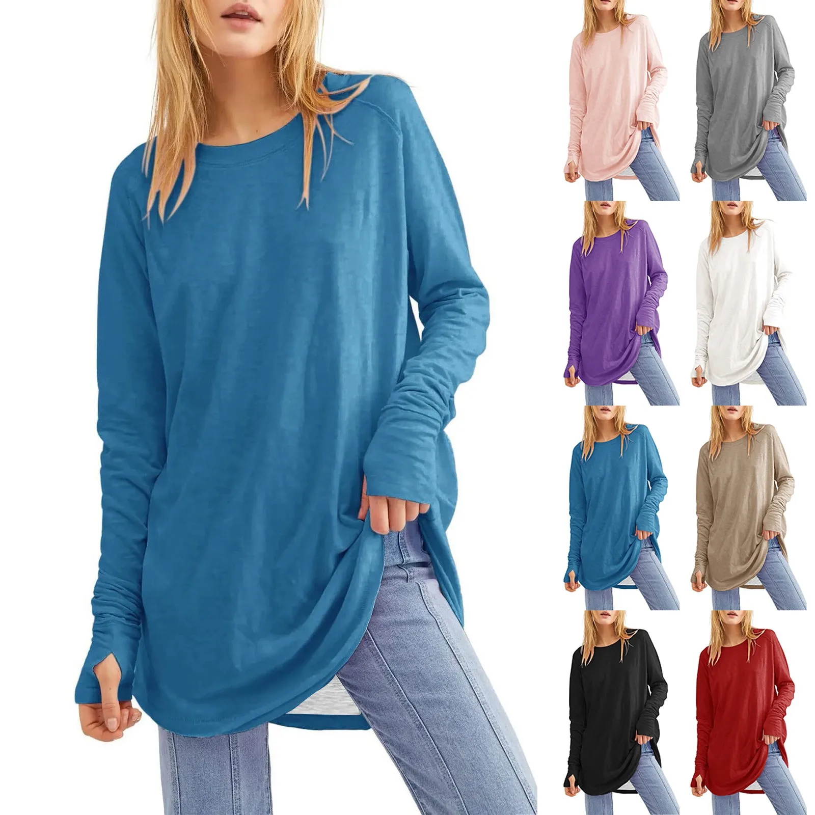 

Женская Однотонная футболка с круглым вырезом, Свободный Топ средней длины с длинным рукавом, тонкий пуловер с большим пальцем, женская одежда