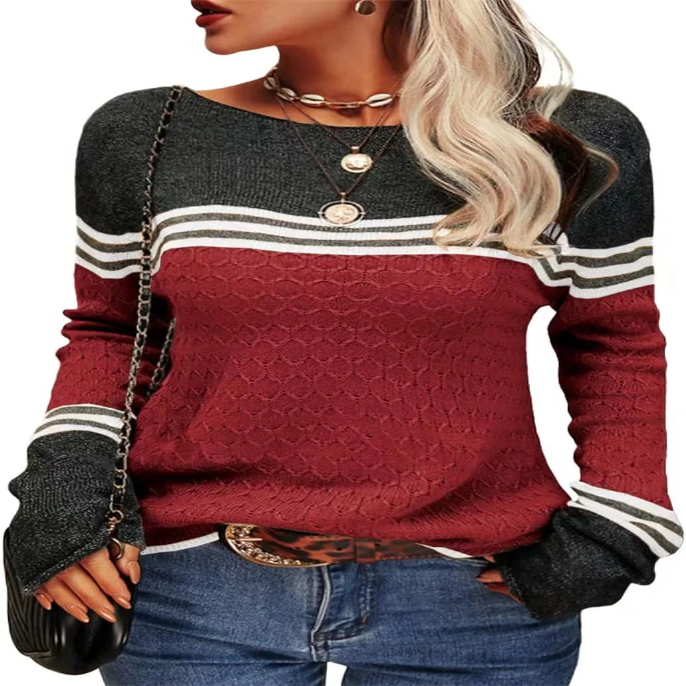 

Autumn/Winter Fashion Euro-American Knitwear Pullovers Women O-Neck Crochet Striped Splicing Long Sleeve Loose Sweater S-3XL