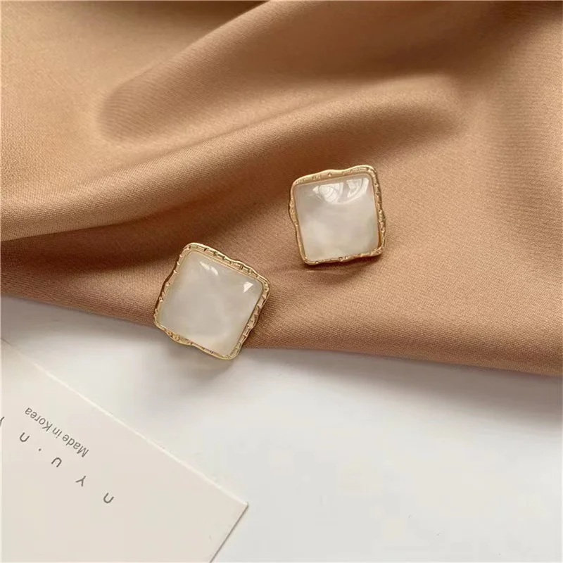 Exquisite Opal Petal Circle Stud Earrings For Women Stainless Steel Geometric Square Opal Earrings Luxury Party Girl's Jewelry