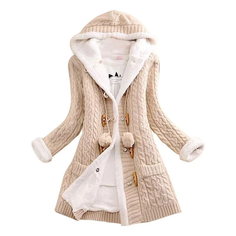 Women Thick Warm Long Sleeve Knit Weave Long Jacket Tops Lady Winter Hooded Fleece Liner Cardigan Solid Knitted Sweater Coat New