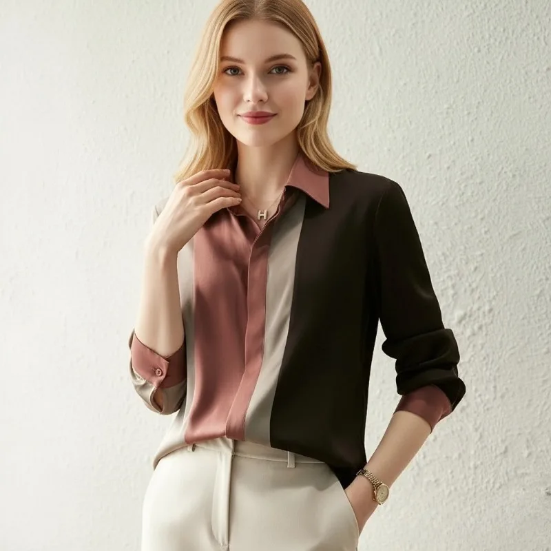 Women Satin Button Blouse Autumn New Vintage Long Sleeve Turn Down Collar Women Cardigan Shirt Elegant Loose Tops Clothing 18146