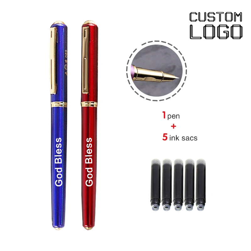 

1 Pen + 5 Ink Sacs Free Custom Logo Metal Pen Business Advertising School Student Office Stationery Supplies Fountain Pens