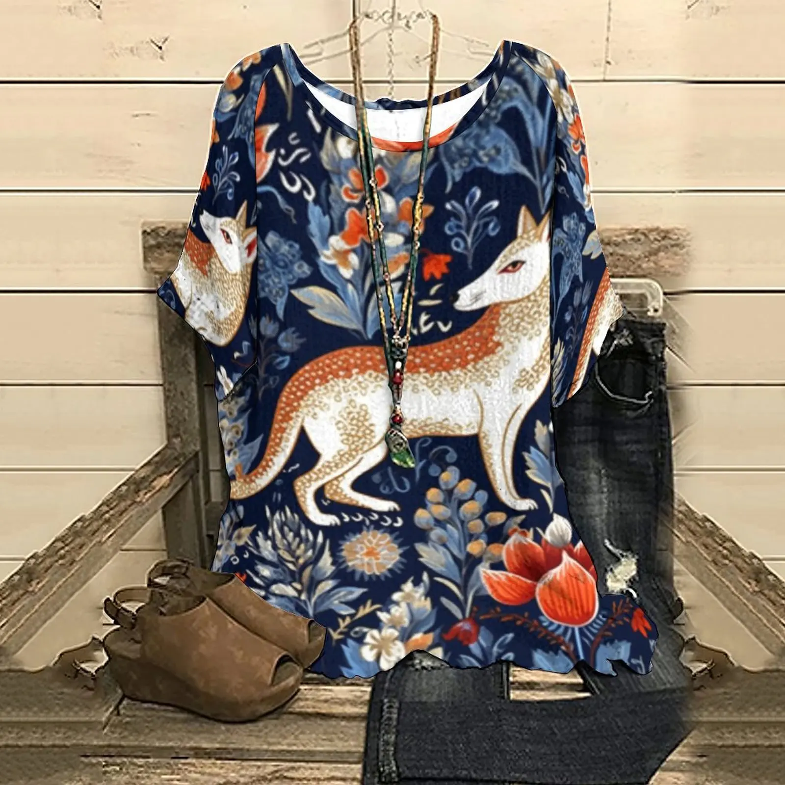 

Summer Women's Half Sleeve T-Shirt New Urkish Wolf Print Classic Women's T-Shirt Top Tee
