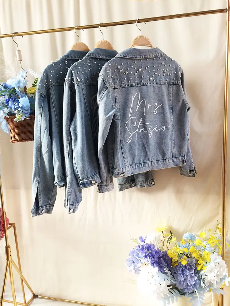 PERSONALIZED Statement Denim Bridal Jacket Custom Name Pearl Detailing MRS Jacket Custom Date Placement On Collar Bride Gift New