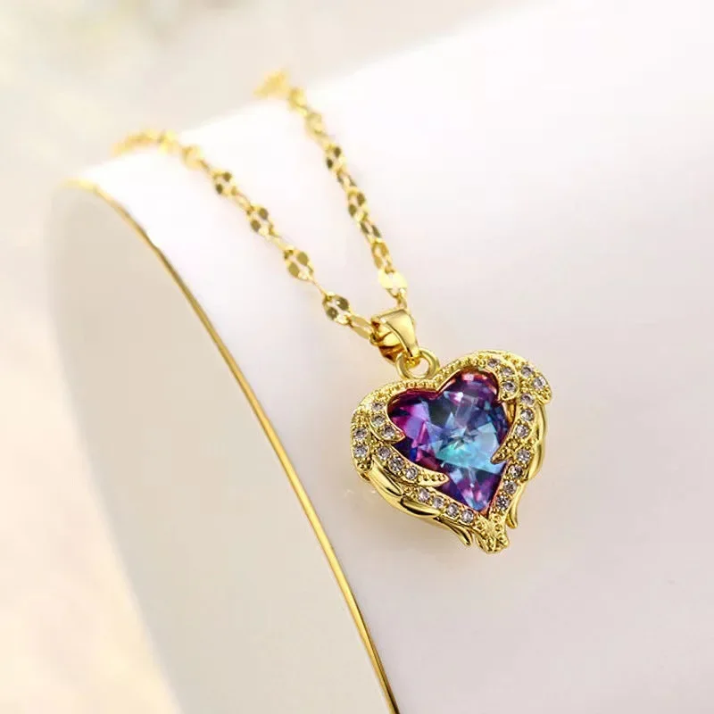 Luxury Colorful Crystal Ocean Heart Pendant Necklace Female Wedding Neck Chain For Women Jewelry