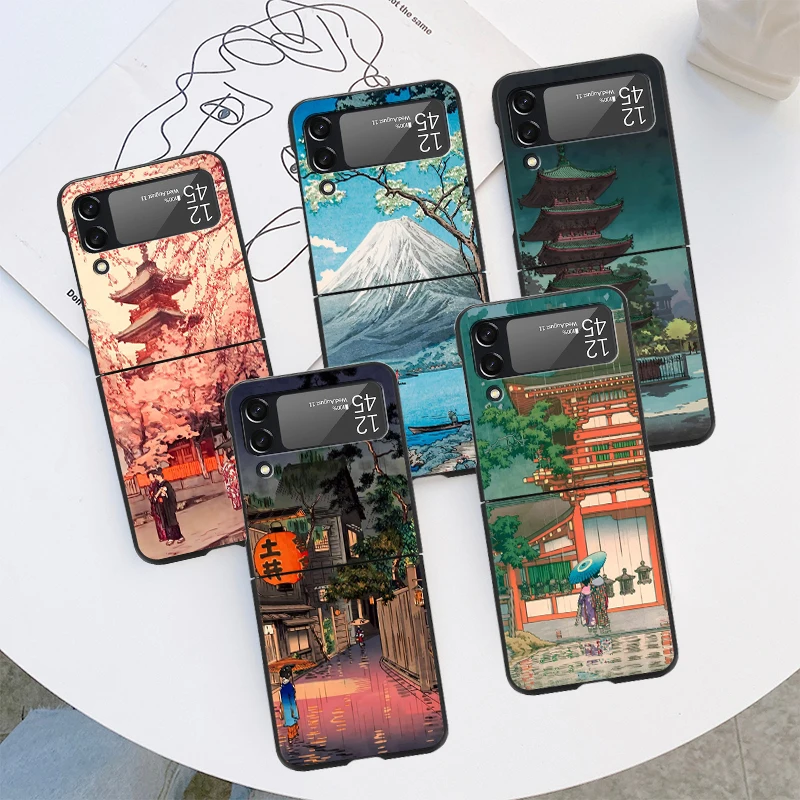 Ukiyoe Japan Mount Custodia Antiurto Fuji Per Samsung Galaxy Z Flip 3 4 5G Flip 4G Black Hard Zflip4 Flip 3 Zflip Cover Per Telefono