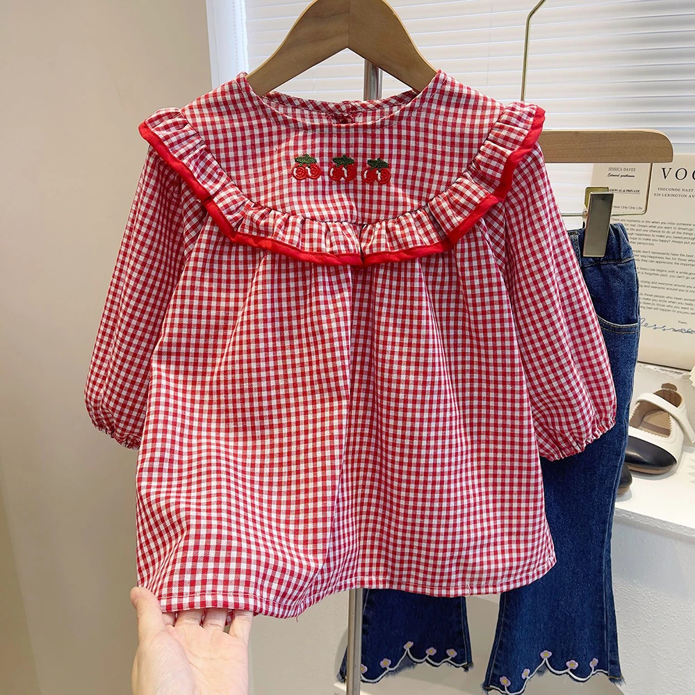Cute Baby Girls Embroidery Shirts Spring Autumn Long Sleeve Kids Girl Plaid Blouse Tops Peter Pan Collar Floral Shirt Children