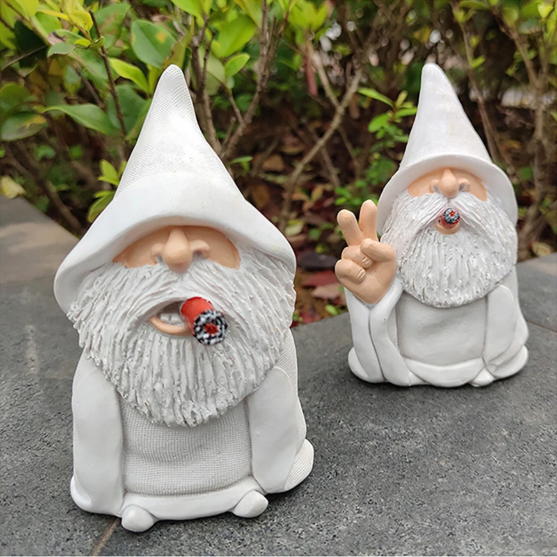 

Gnome Ornaments Resin Statue Figurine White Robe Smoking Middle Finger Desk Bookshelf Art Outdoor Indoor Home Decor