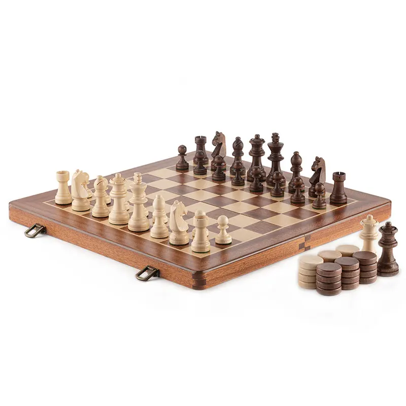 2 in 1 Wooden Chess and Checkers Set Luxury Chess Game Exquisit Chessmen Foldable Wooden Chessboard Family Board Game