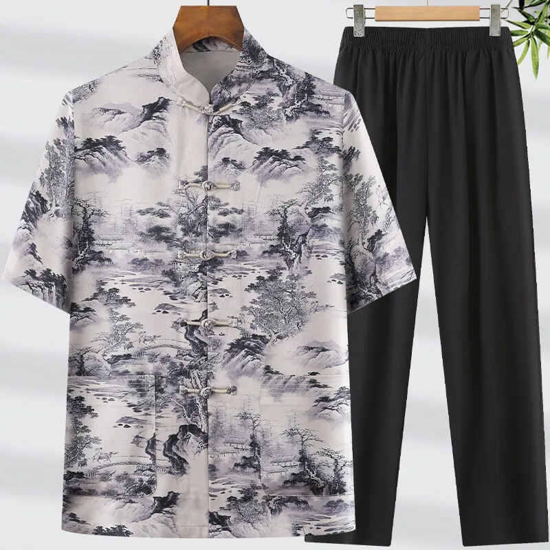Fashion two-piece set 2026 summer Men's High-Quality （Shirts +trousers） Shirt men Casual Sets Chinese style clothing men M-3XL