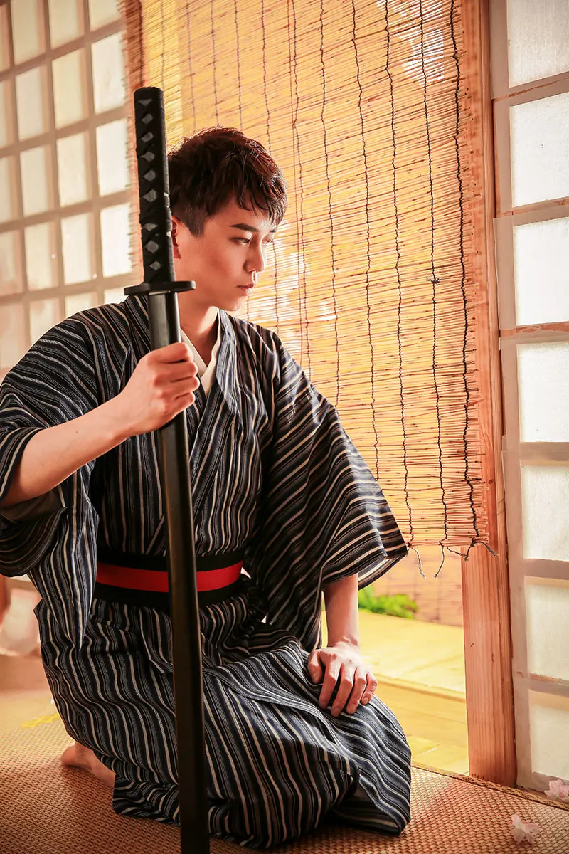 Men's Japanese Kimono Samurai Dress Cotton Kendo Black Along The Stripe Traditional Summer Festival Feworks Cloth