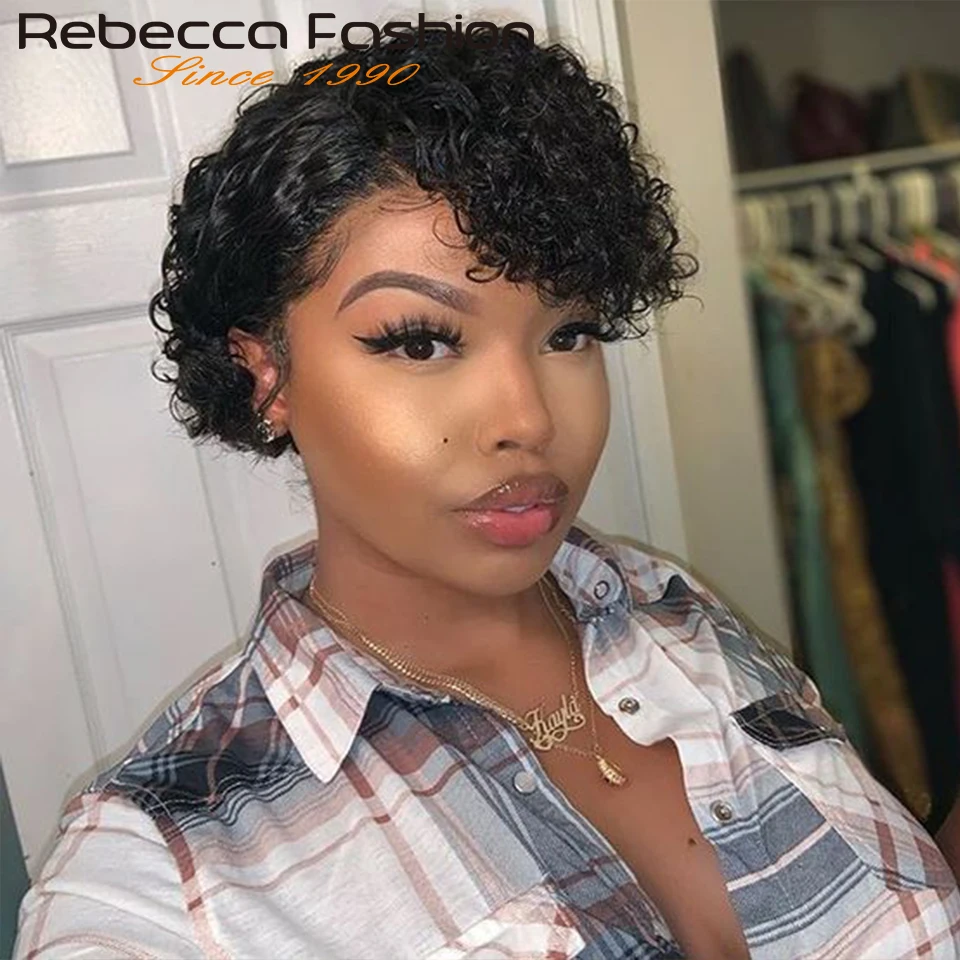 

Human Hair Curly Wave Side Part Wig Short Bob Pixie Cut Brazilian Remy Human Hair Deep Curly None Lace Front Wig for Black Women