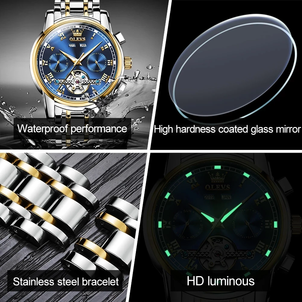 OLEVS Automatic Mechanical Watch for Men Week Calendar Skeleton Hollow Wristwatch Stainless Steel Classic Business Men's Watches