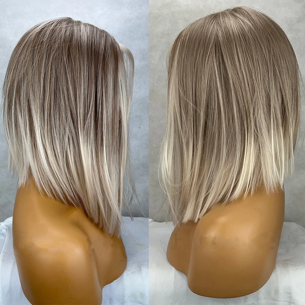 Synthetic Ash Blonde White Balayage Highlights Bob Wig 14" Straight Center Parting 150% Lace Front Wig Heat Resistant