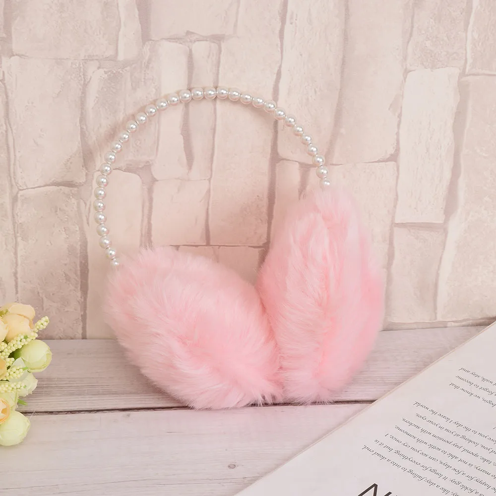 Women Girls Winter Earmuffs Fluffy Plush Thicken Imitation Pearl Beaded Headband Ear Warmer Princess Kids Party Styling Headwear