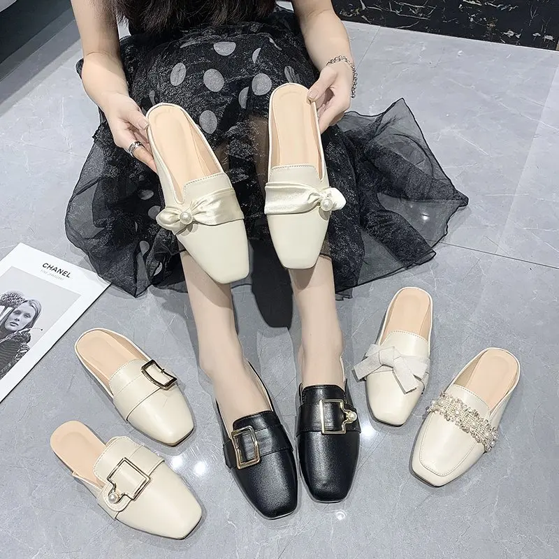 

Summer new Korean version flat square bow lazy Mueller shoes women wear simple fashion half slippers