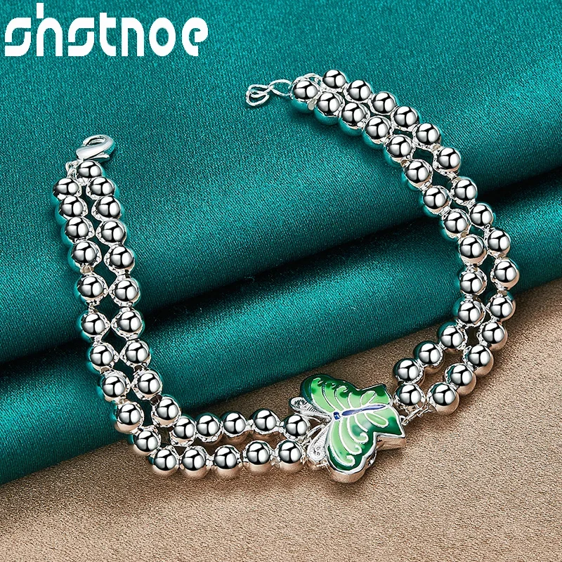 

SHSTONE 925 Sterling Silver Green Butterfly Double Row Ball Bead Chain Bracelet For Women Party Engagement Wedding Charm Jewelry