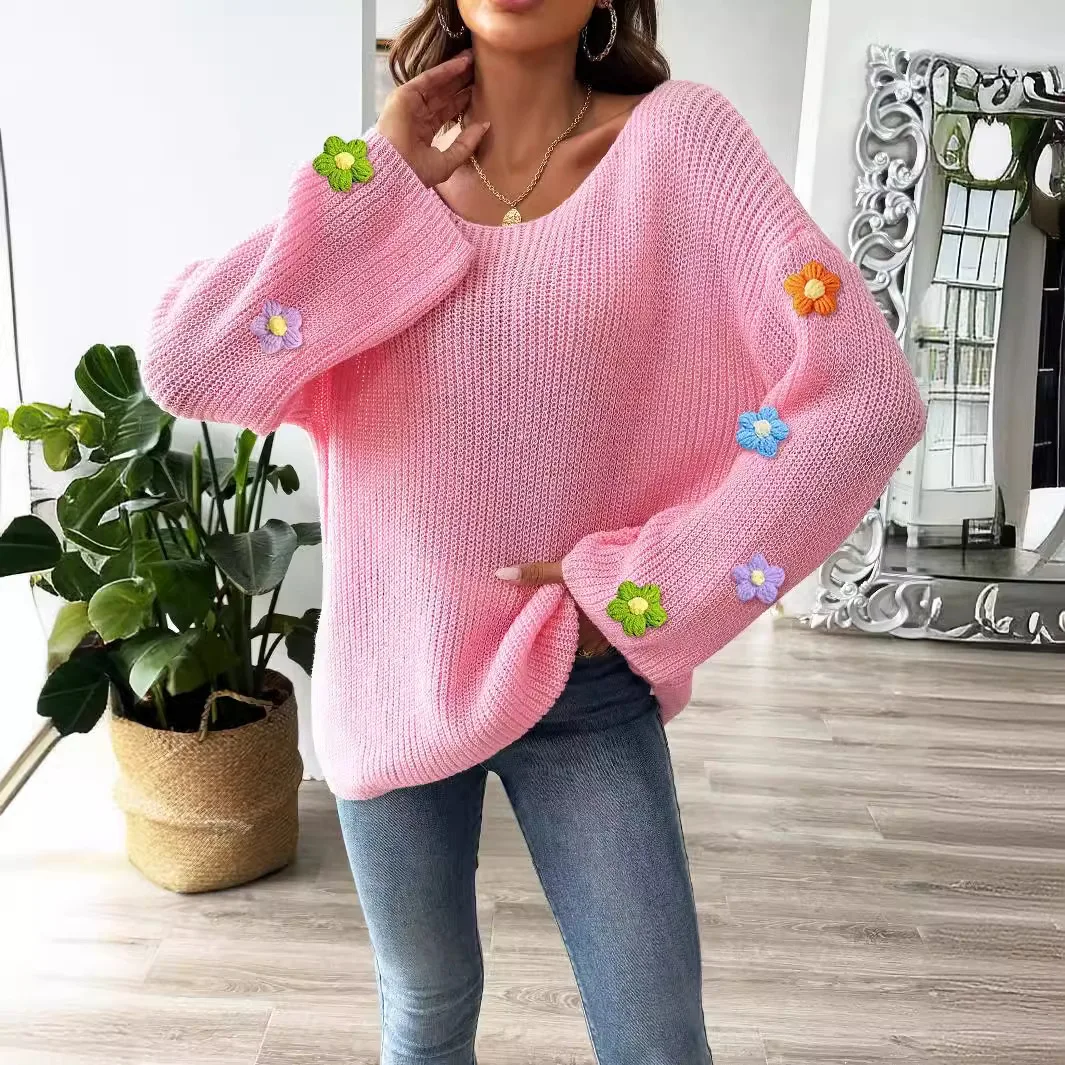 Women Autumn Winter Knitted Sweater V Neck Long Sleeve Pullover