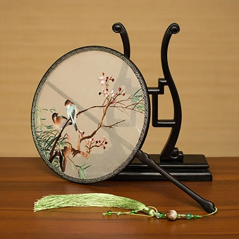 Vintage Embroidery Double-Sided Palace Round Circular Fan with Frame, Suit for Wedding Favor, Business Gift