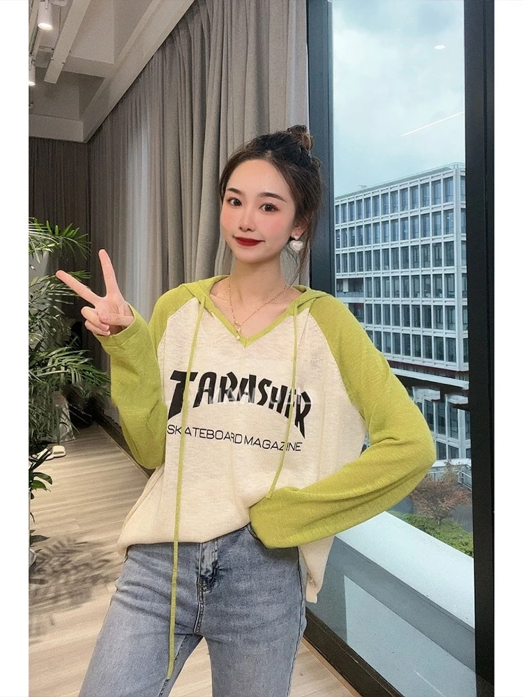 Summer Fashion Women's Letters Contrast Long Sleeve Hooded Knitwear