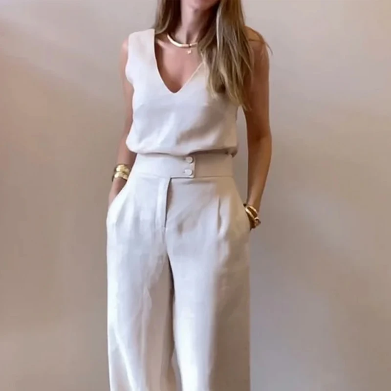 Waytobele Women Two Piece Set Summer Casual Solid V Neck Sleeveless Vest Pullover Top Loose Wide Legs Pants Sets Streetwear
