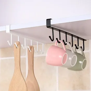 Soporte para tazas de café con 6 ganchos, blanco y negro, estante multifuncional, organizador de armario de cocina, colgador de almacenamiento para artículos diversos
