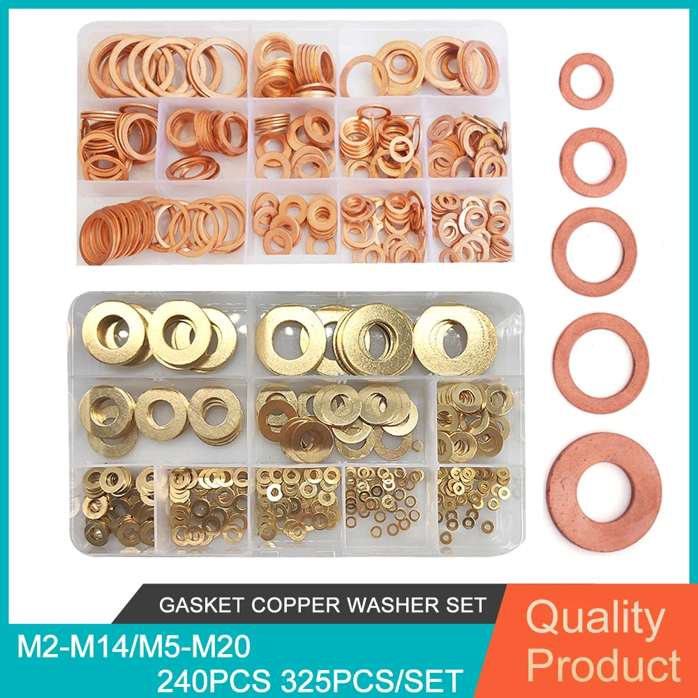 

M2-M14/M5-M20 Gasket Copper Washer Set Meson Pad Sheet Metal Collar Brass Flat Plain Washer flat gasket Kit 240Pcs 325Pcs/set