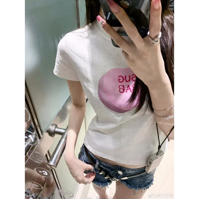 

AW Heavy Industry Sparkling Pink Short Sleeve 520 Limited Special Craft Sequins Summer Love Silver Powder Cake T-shirt