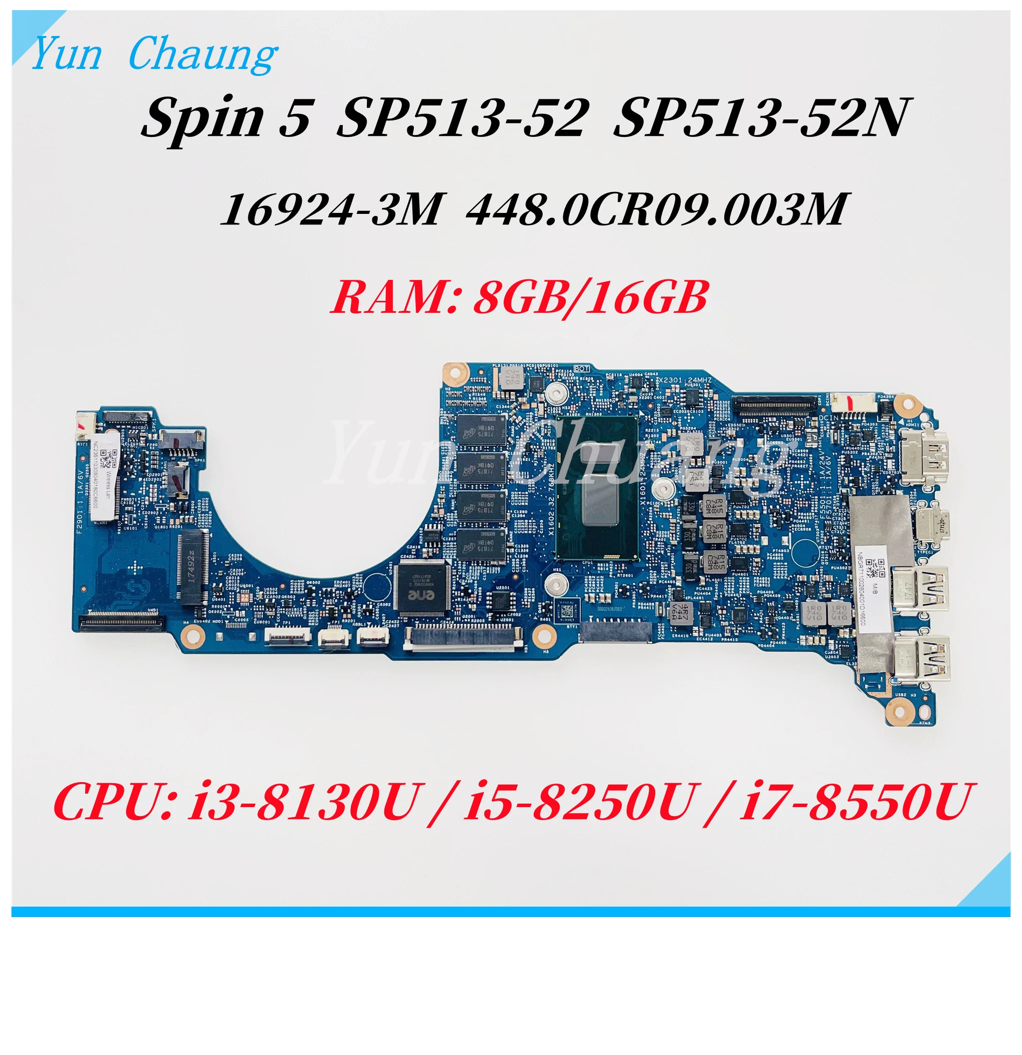 16924-3M 448.0CR09.003M For Acer Spin 5 SP513-52 SP513-52N Laptop Motherboard NB.GR711.002 With i3 i5-8250U i7-8550U CPU 8GB-RAM