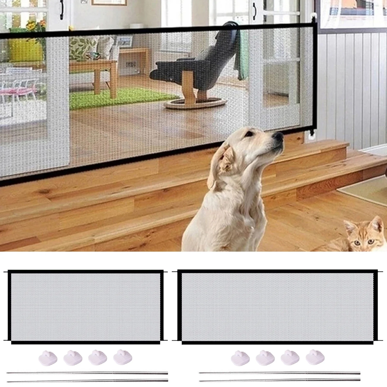 Baby Safety Gate Child Safety Net Retractable Baby Fence Barrier Foldable Baby Safety Gate with 4 Hooks Nylon Mesh Portable Protection Door Pet Isolation Net
