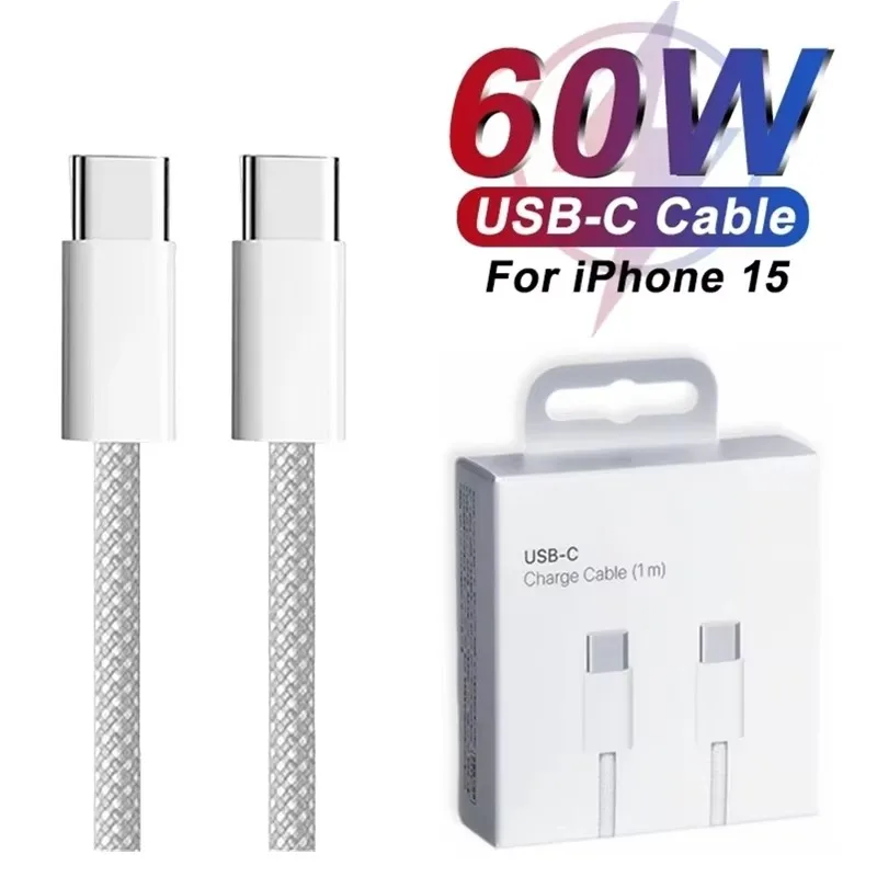 PD 60 واط المزدوج USB-C شحن سريع مضفر كابل آيفون 15 16 برو ماكس 15 16 زائد نوع C إلى نوع C كابل شاحن سريع مع صندوق