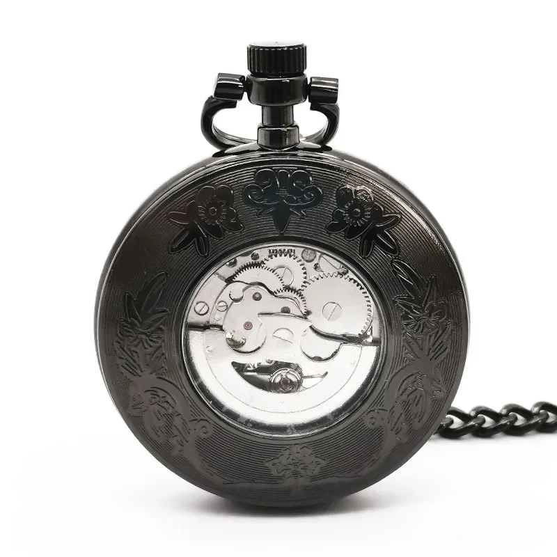 패션 빈티지 블랙 기계식 주머니 시계 블루 로마 숫자 고품질 Steampunk 목걸이 펜던트 시계 팔찌 시계