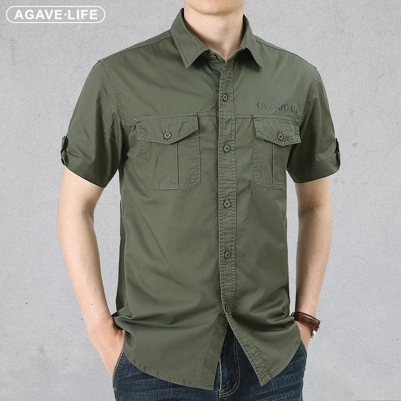 

Summer Cotton Shirt Men Middle-aged Bussiness Short Sleeve Shirt Men Double Pocket Tooling Casual Shirt Male Solid Color Clothes