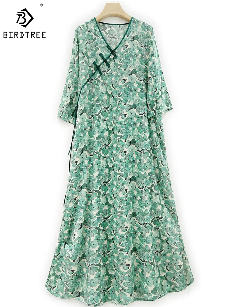

BirdTree Real Silk Crepe De Chine Elegant Dress,V-Neck Long Sleeve Retro Buckle Print,Temperament Desses,2024 Summer D41660QD