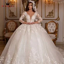 

Custom Made Luxury Weddding Dresses Ball Gown 3 4 Sleeve Tulle Lace Crystal Beaded Elegant Formal Bridal Gowns SD19