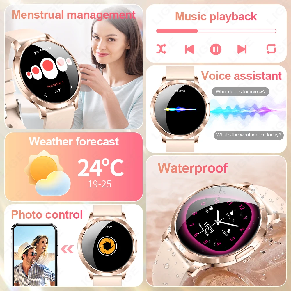 LIGE Women Smart Watch AMOLED Screen Watches Ladies Heart Rate Sleep Monitor Sports Fitness Bracelet Smartwatch for Android iOS