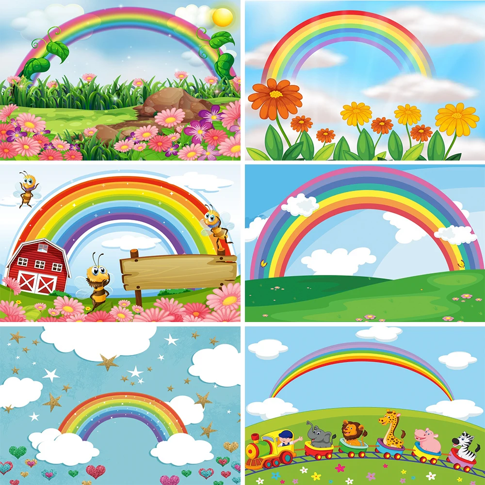 

Birthday Photophone Blue Sky Baby Shower Decro Rainbow Grassland Photography Backgrounds Custom Photographic Backdrops Photozone