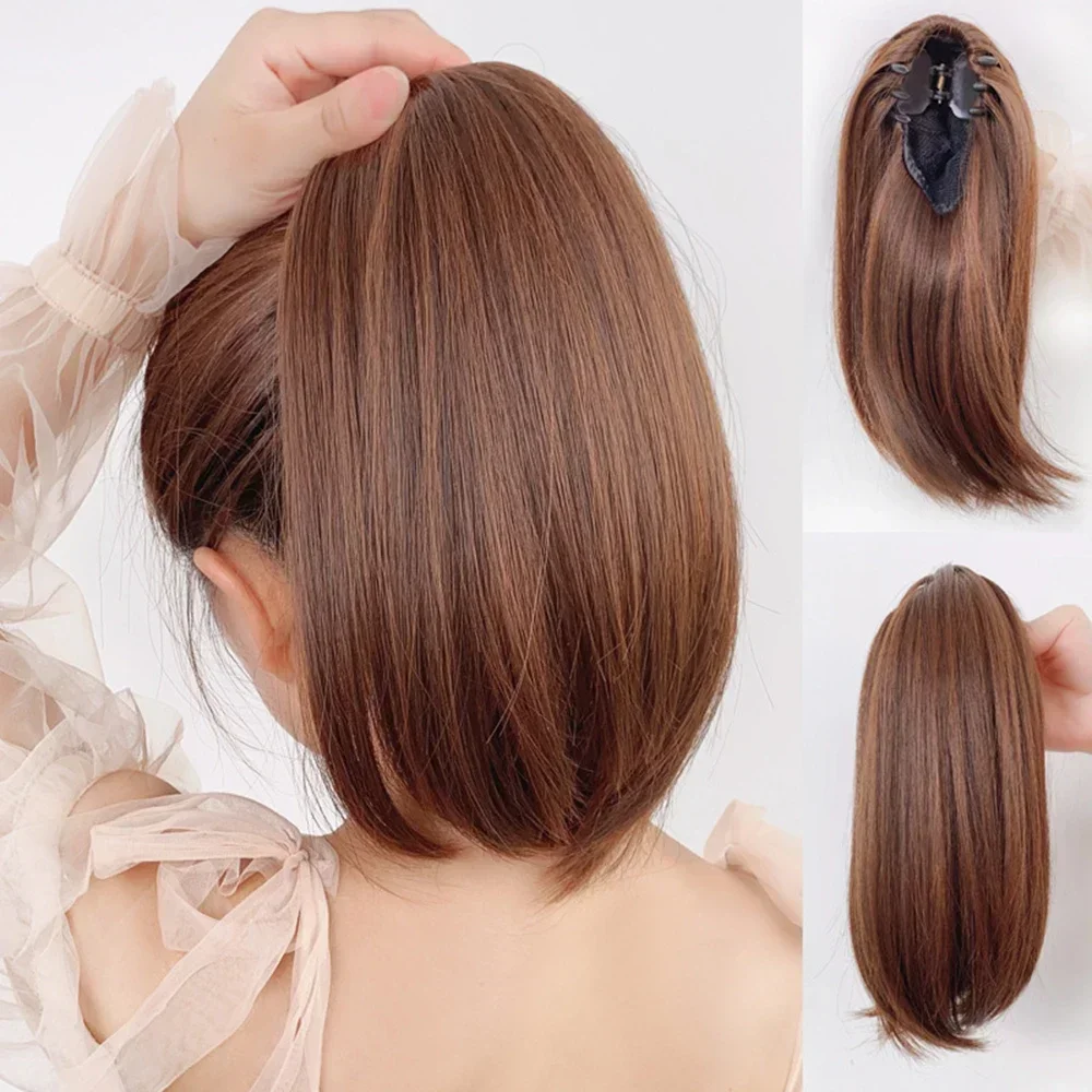 S-noilite 합성 대형 빗 클립, 곱슬 머리 확장 시뇽 헤어 조각, 여성용 Updo 커버 헤어피스 확장 헤어 번 8 여성용 짧은 스트레이트 포니테일 클립 온 가발, 자연스럽고 푹신하고 약간 뒤틀린 가짜 포니 테일 헤어 익스텐션, 38cm
