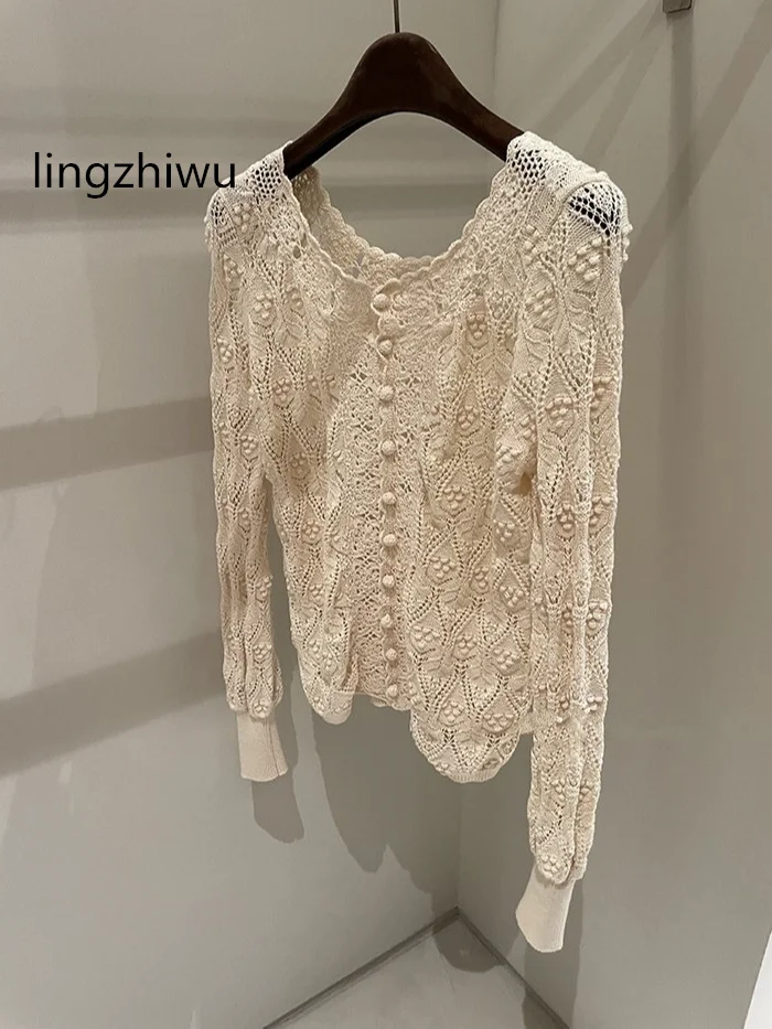 

Хлопковый свитер lingzhiwu, французский мягкий высококачественный вязаный крючком винтажный ажурный осенний бежевый кардиган ручной работы, новое поступление