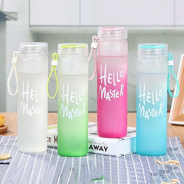 Reusable Glass Water Bottle High Quality 450ml with Lid Hello Master  Graphic