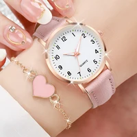 4/6PCS Women Quartz Watches Set Ladies Arabic Dial Wristwatch Fashion Leather Strap With Heart Bracelet Reloj Mujer(Without Box) 4
