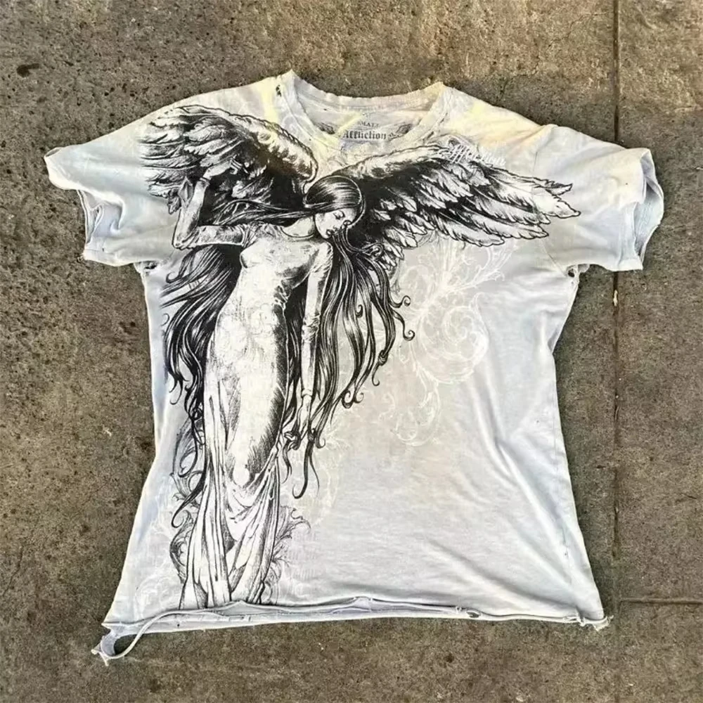 thumbnail image 1 of Camisetas para hombre Y2K Affliction, camiseta Retro para mujer, ropa de calle, camiseta gótica con estampado de calavera y Cruz, camisetas gráficas a la moda para niños, 1 of 4